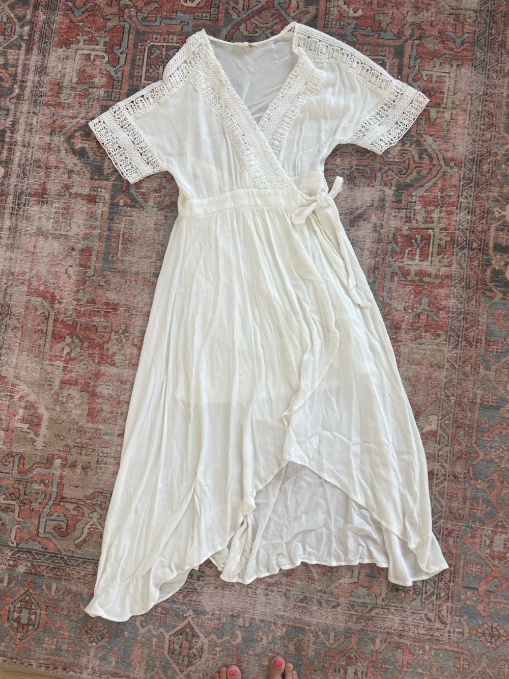 White Boho Lace Wrap Midi Dress